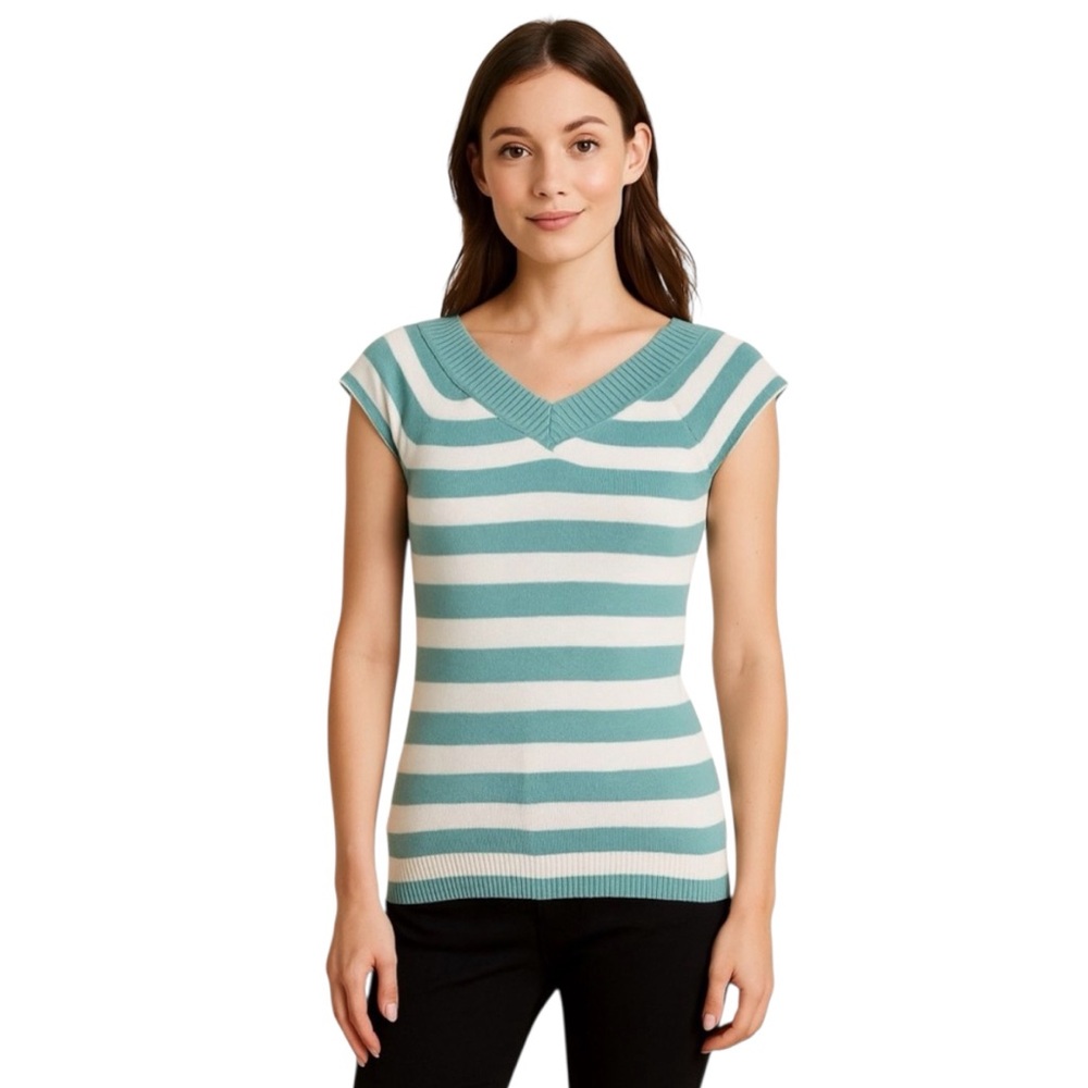 Ann Taylor Petites Blouse Green and White Sleeveless Knit Top Cotton Size XXSP